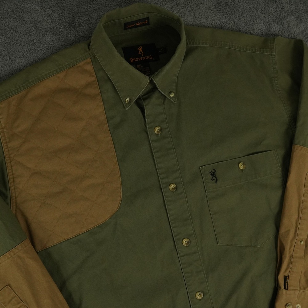 Browning Shooting Shirt Mens Large Green Tan Quilted Patch Button Down Hunting